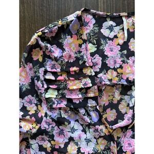 Free People Maybel Blouse Women's Sz LG Sheer Floral Tie Front Ruffle Boho Fairy